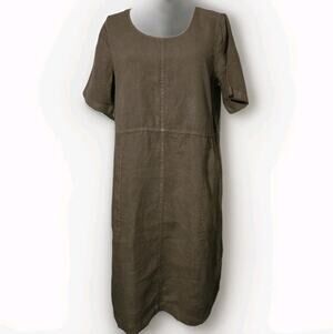 J.Jill Pure Jill Garment Dyed Khaki Linen Shift Dress Size M Utility Lagenlook